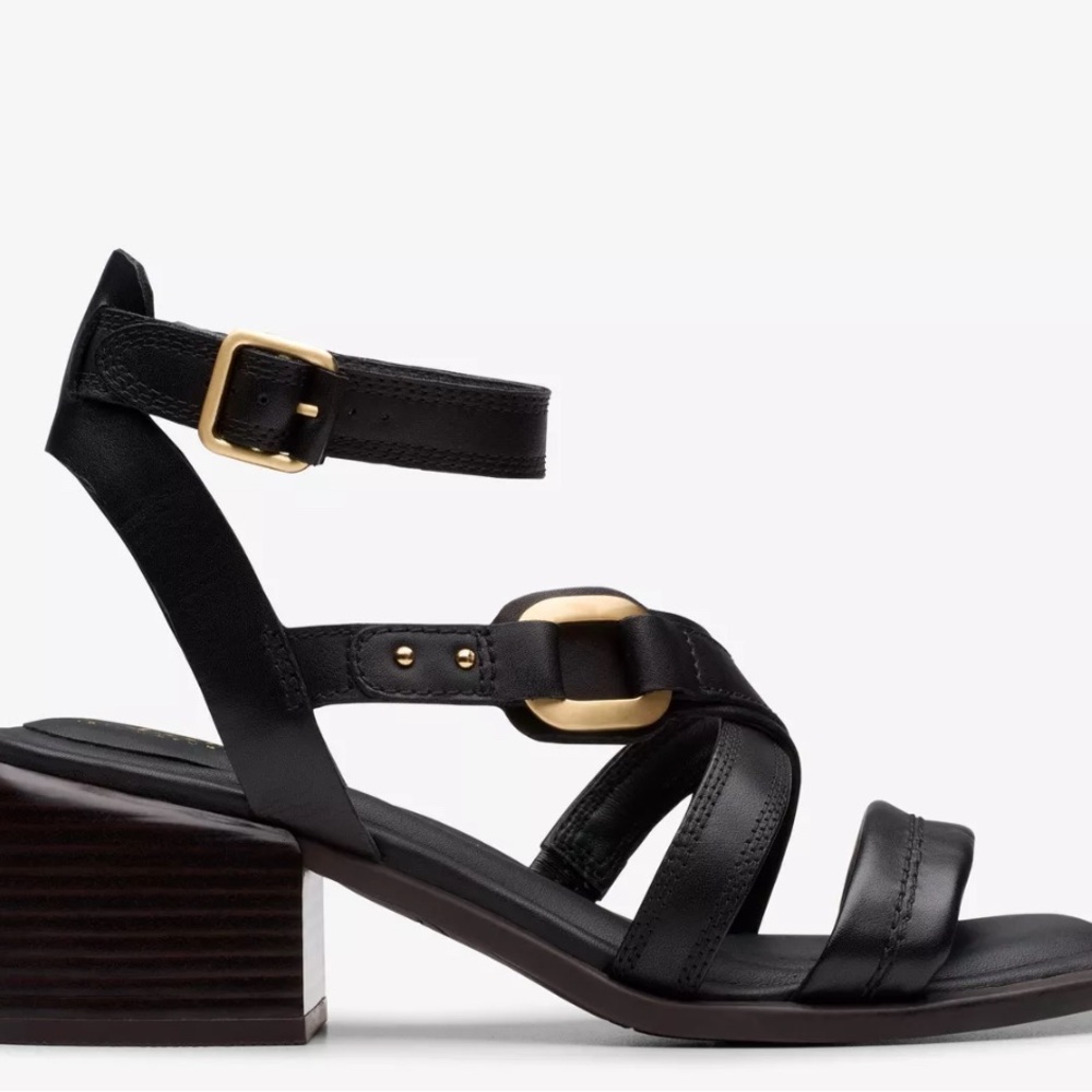 Clarks Black Sandals with Gold Buckle